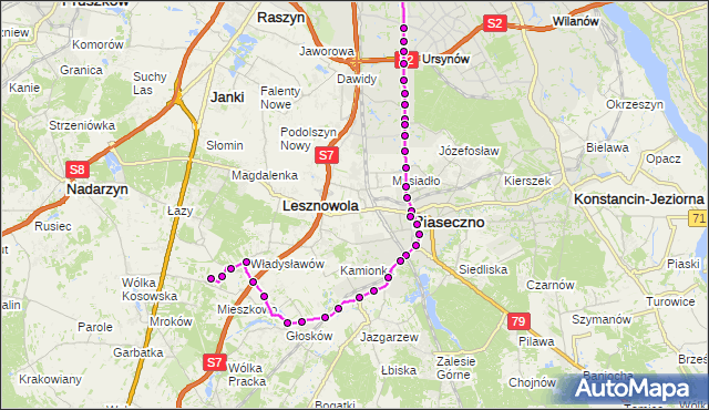 Autobus 727 - trasa METRO WILANOWSKA - CM.POŁUDNIOWY-BRAMA PŁD. AN. ZTM Warszawa na mapie Targeo