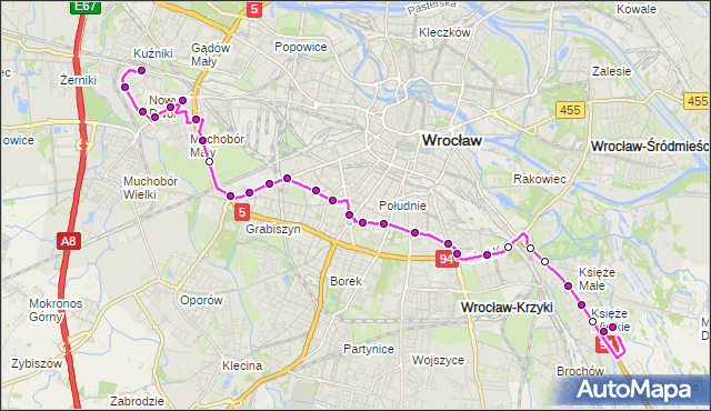 Autobus 134 - trasa KSIĘŻE WIELKIE - NOWY DWÓR (Pętla). MPKWroclaw na mapie Targeo