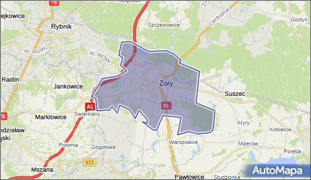 gmina Żory - powiat Żory na mapie Targeo