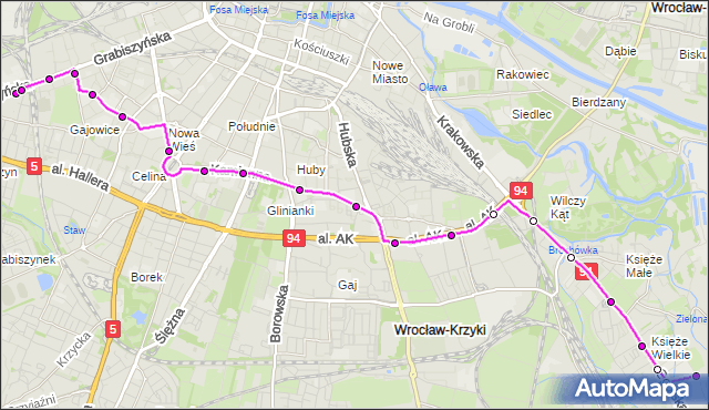 Autobus 134 - trasa Zajezdnia Grabiszyńska - KSIĘŻE WIELKIE. MPKWroclaw na mapie Targeo